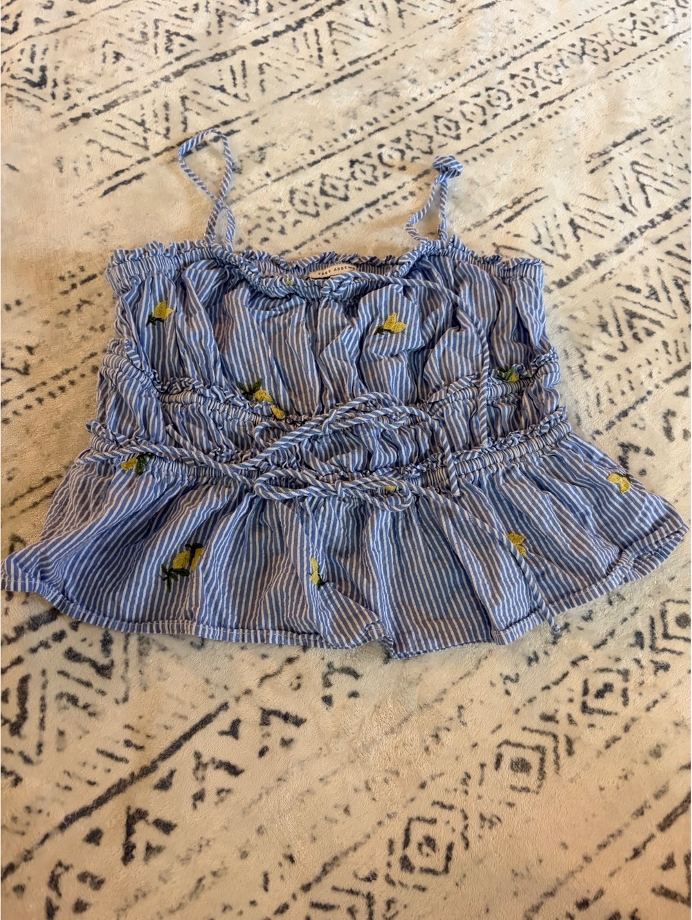 Free Assembly Blue and White Striped Embroidered Peplum Tank Top Size 12-14